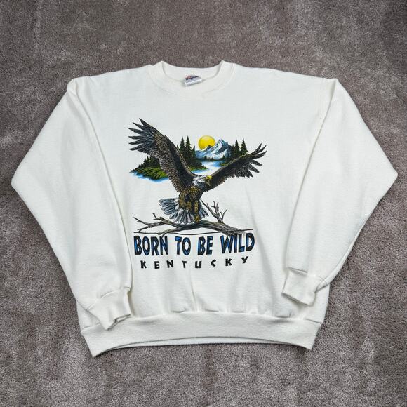 Vintage Kentucky Sweatshirt Born To Be Wild Crewneck White Size L Eagle Nature - Picture 1 of 5